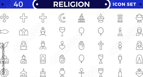 Religion outline icon collection. Includes church, bible, cross, prayer, dove, angel, faith, and worship symbols. Modern spiritual and religious outline icons for culture, heritage, and devotion theme