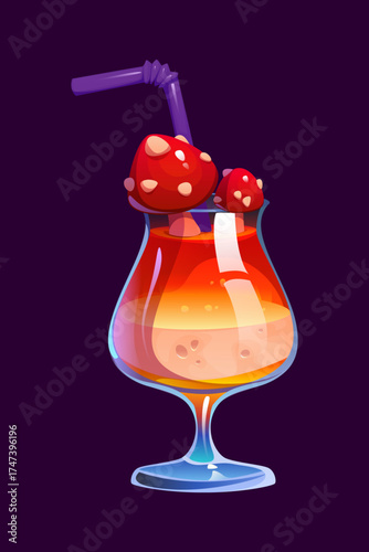 Halloween holiday cocktail drink with amanita mushrooms, cartoon vector glass cup. Halloween horror night and trick or treat party spooky cocktail elixir or magic potion with poisonous witch mushrooms