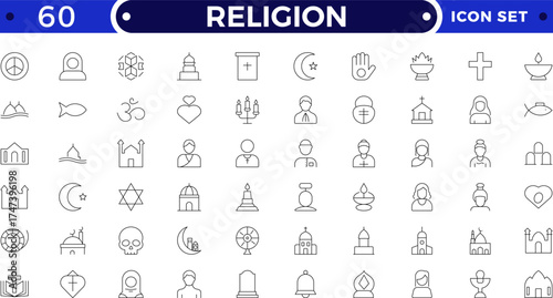 Religion outline icon collection. Includes church, bible, cross, prayer, dove, angel, faith, and worship symbols. Modern spiritual and religious outline icons for culture, heritage, and devotion theme