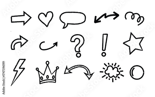 Hand-drawn doodle arrow set with sketch icons including heart star crown bubble cloud and minimal creative graphic elements