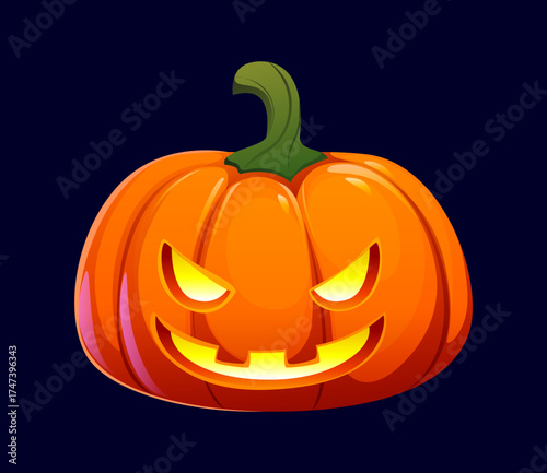 Cartoon carved Halloween pumpkin with glowing yellow eyes and an evil grin. Spooky scary and festive jack o lantern with smiling glowing face. Spooky decor for autumn holidays, grinning orange gourd