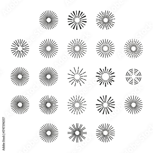 Sunburst shapes radiating outwards in various styles creating dynamic and vintage aesthetic on white backdrop.