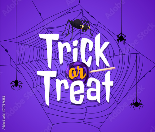 Halloween trick or treat banner with funny spiders on cobweb threads around a large stretching spiderweb.Halloween trick or treat holiday party vector greeting with cute spiders on cobweb or spiderweb