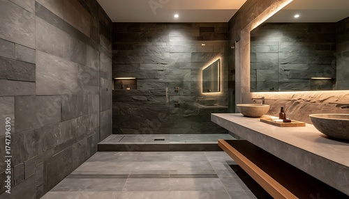 Modern luxury bathroom featuring slate stone walls, minimalist design, and an illuminated mirror over bowl sinks