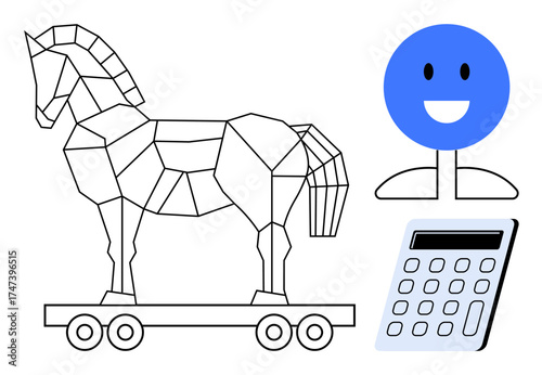 Geometric Trojan Horse on wheels, smiling head icon, calculator. Ideal for technology, strategy, cybersecurity, education, problem-solving innovation simplicity. A simple flat metaphor
