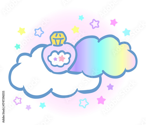かわいい雲の装飾デザイン「虹色の雲と素敵な瓶」Cute cloud decoration design "Rainbow clouds and lovely bottles"