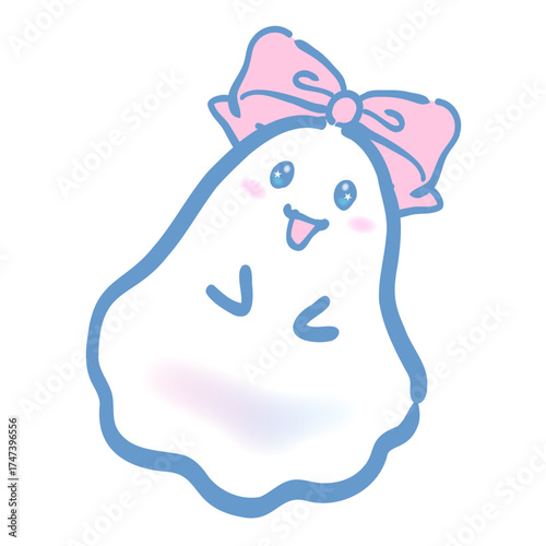 かわいいオバケのキャラクターデザイン「リボンを付けた白色のオバケ」Cute ghost character design "White ghost with ribbon"