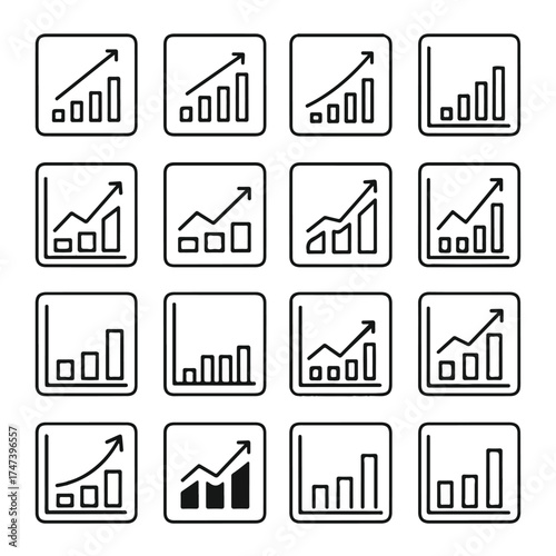 Line graphs showing upward trends and growth in business and finance, each enclosed in a square frame, representing progress and positive financial performance.