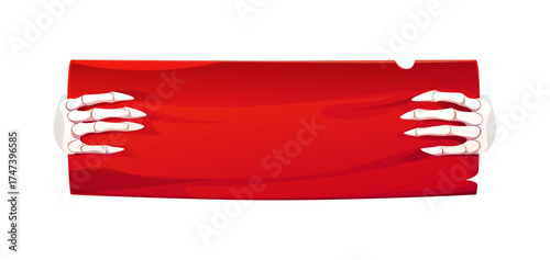 Cartoon Halloween banner with monster hands, scary rectangular sign with skeleton arms gripping tightly on both sides. Halloween holiday vector banner signboard in spooky zombie monster hands
