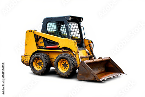 Yellow skid loader with front bucket for construction, landscaping and industrial use.l