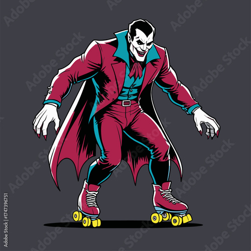 illustration of Dracula rollerblading