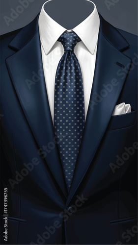 Dark blue suit with white shirt and patterned tie navy blue