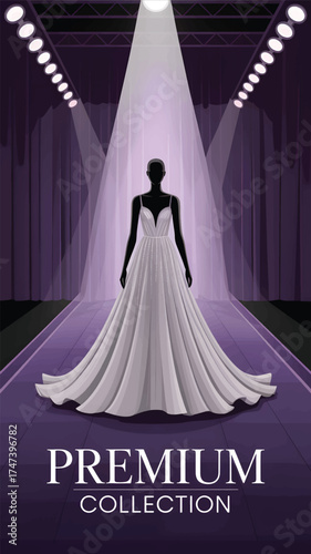 Black mannequin in white beaded gown on purple runway