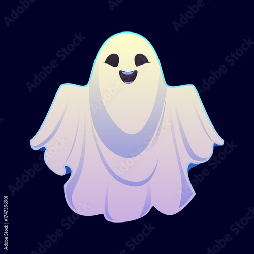 Cartoon Halloween cheerful ghost character with waving arms and a floating, flowing form. Vector adorable spooky white sheet phantom with a mischievous friendly smile, playfully frightens with a boo