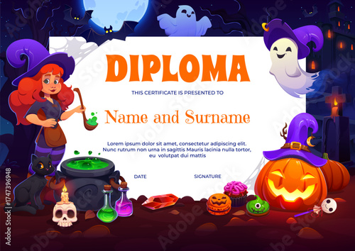 Halloween holiday kids diploma with witch, smiling ghost and black cat, vector bubbling cauldron and glowing jack o lantern. Kids diploma with spooky magic potion decorated with bats and skull candle