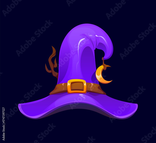 Cartoon wrinkled Halloween purple witch hat with a wide brim, golden buckle and crescent moon charm. Spooky pointed cap adorned with tree branch. Vector accessory for a wickedly enchanting costume