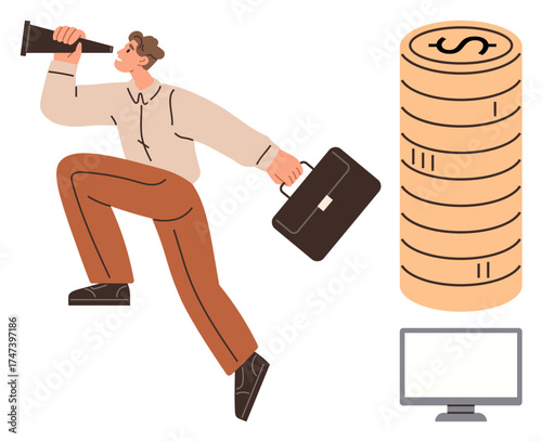 Business professional holding a telescope and briefcase, stepping toward stacked coins and a desktop computer. Ideal for career growth, vision, financial success, investment, innovation, goals