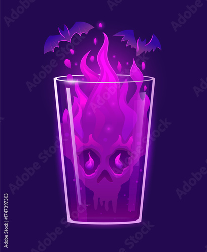 Halloween scary cocktail, mysterious glowing purple drink in a glass with ghostly flames, a spooky skull, and flying bats. Cartoon vector fantasy brew or magical potion for creepy holiday celebrations