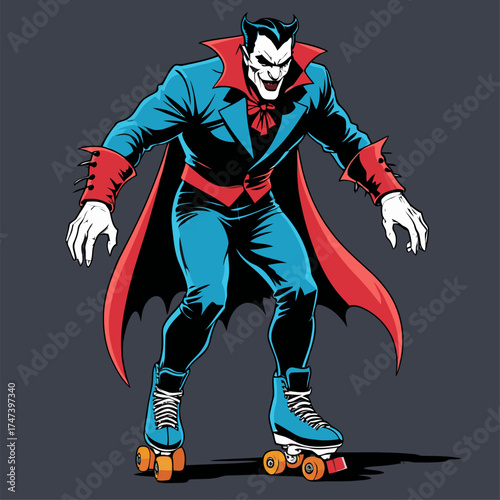 illustration of Dracula rollerblading