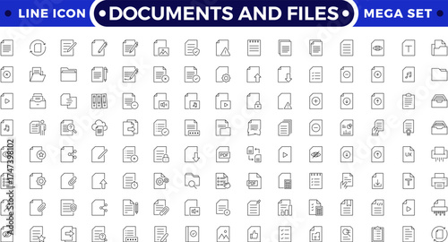 Document and folder outline icons. Includes file, clipboard, archive, certificate, resume, report, and office symbols. Modern business, administration outline icons for digital management and design.