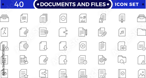 Document and folder outline icons. Includes file, clipboard, archive, certificate, resume, report, and office symbols. Modern business, administration outline icons for digital management and design.