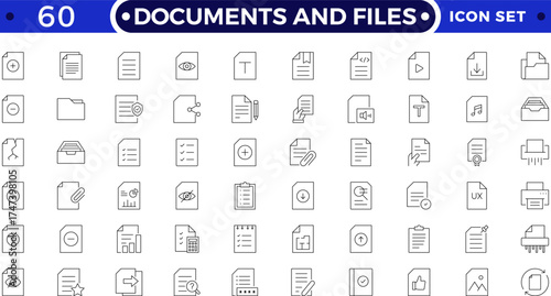 Document and folder outline icons. Includes file, clipboard, archive, certificate, resume, report, and office symbols. Modern business, administration outline icons for digital management and design.