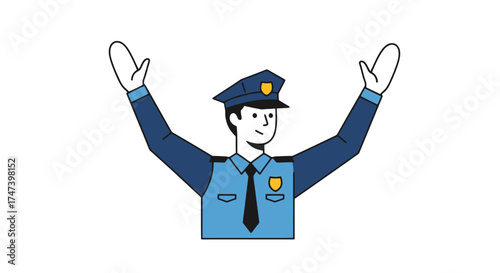 Cartoon Illustration of a Police Officer Directing Traffic with Arms Raised, Depicting Law Enforcement, Safety, and Civic Duty for Educational and Awareness Campaigns.