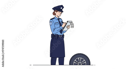 Police Officer Issuing a Parking Ticket Cartoon Illustration for Public Safety Awareness Campaigns and Educational Traffic Regulations Materials