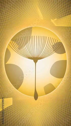 Golden dandelion seed floating in abstract grid yellow