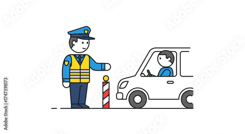 Border Control Illustration Depicting Security Checkpoint with Officer and Vehicle, Suitable for Travel Safety Guides or Security Awareness Campaigns