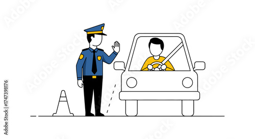 Traffic Stop Illustration Depicting Law Enforcement Interaction with a Driver for Road Safety Education and Awareness Campaigns, Ideal for Infographics and Public Service Announcements
