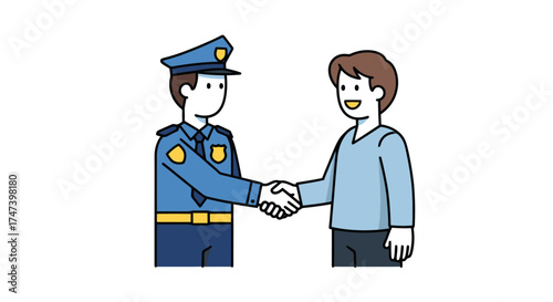 Illustration depicting a police officer and a civilian shaking hands symbolizing community trust and cooperation, suitable for public service announcements and educational materials.