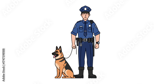 Cartoon illustration of a police officer with a German Shepherd dog, ideal for educational materials, safety campaigns, or children's books focusing on law enforcement