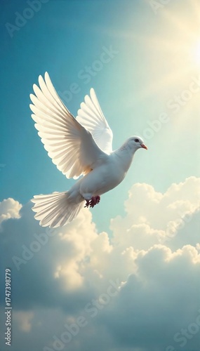 White Dove Taking Flight Peaceful Symbol of Hope and Reunion Against a Softly Lit Cloudy Sky - Perfect for Funeral or Memorial Services
