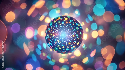Colorful glowing sphere surrounded by soft bokeh lights in abstract motion background