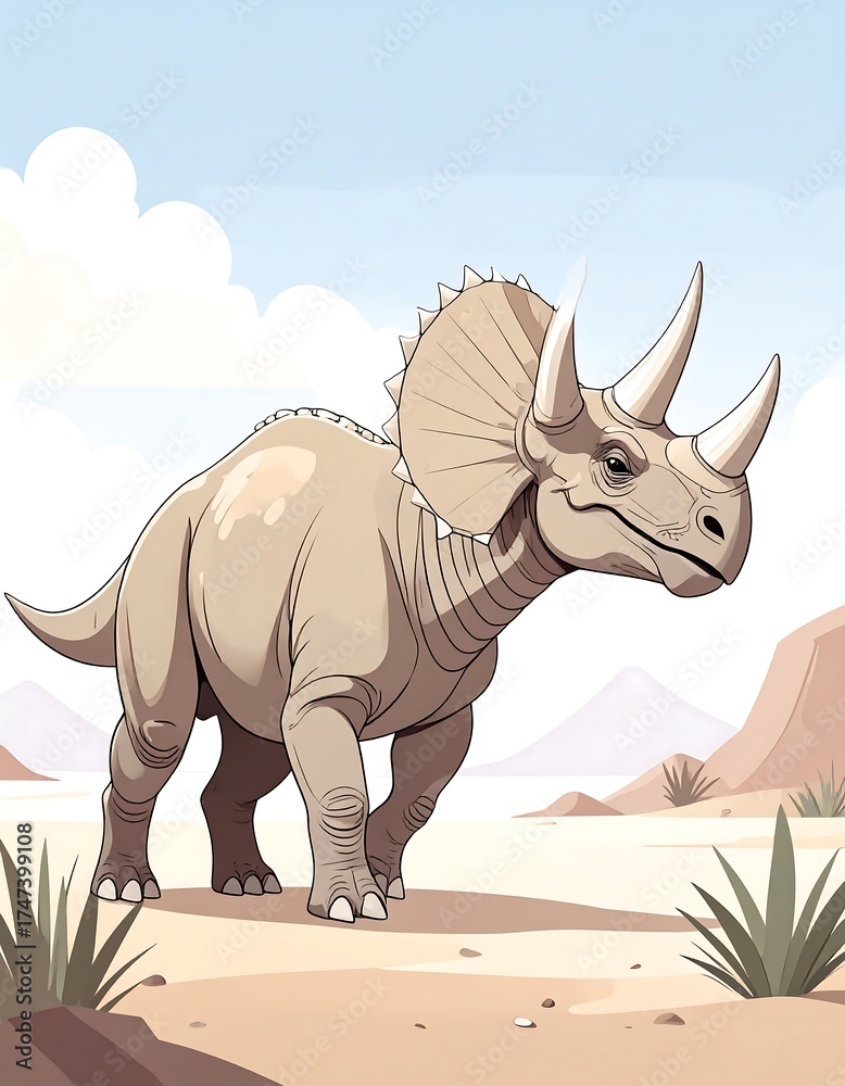 Fototapeta premium Triceratops illustration in a desert landscape
