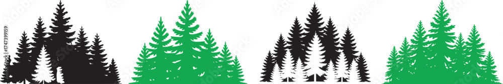 Obraz premium Dense evergreen pine forest silhouettes with natural green trees symbolizing wilderness, mountain landscape, ecology, and adventure, perfect for outdoor design, nature backgrounds, and environmental t