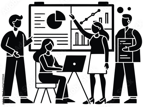 Vector art of business team discussing financial data