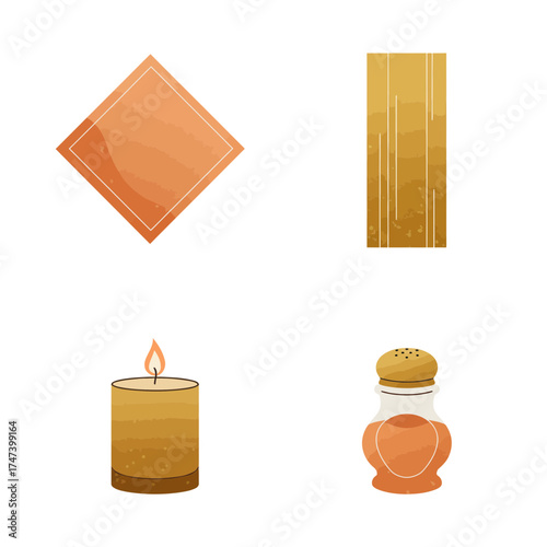 Elegant candle with golden ribbon and festive napkins – warm holiday table decor illustration for Christmas designs