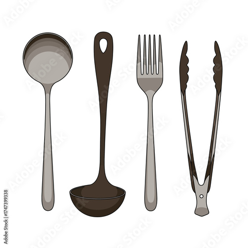 Silverware fork, knife, spoon, and ladle – clean kitchen utensil flat design for restaurant, cafe, or cooking content