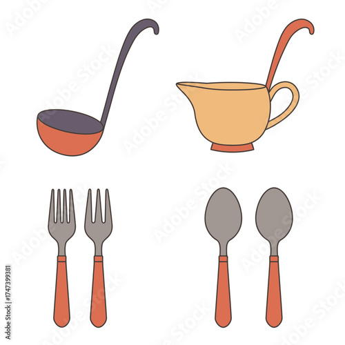 Kitchen ladle with spoon and fork set – simple cooking utensils clipart for recipe blog, food content, or kitchen design