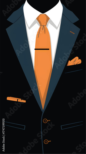 Dark blue suit with orange tie and pocket square vector