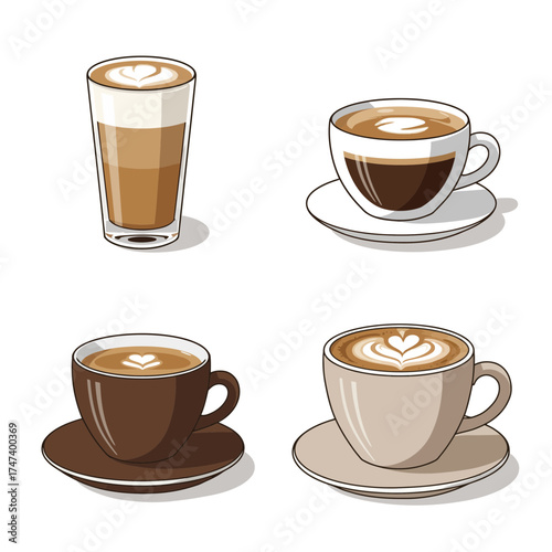 Trendy Coffee Drinks Collection with Latte, Macchiato, and Cappuccino Illustrations