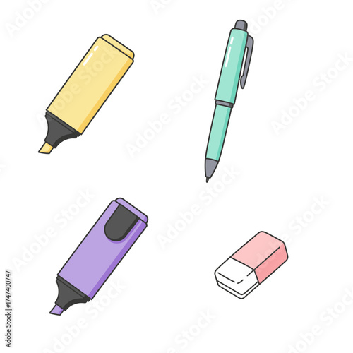 Highlighter Pen and Eraser Illustration Representing Office Stationery and Study Tools