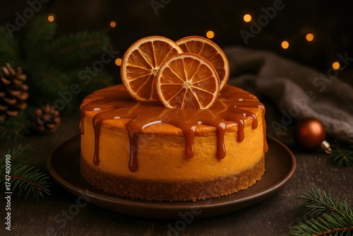 Sweet Potato Cheesecake with Caramel Drizzle decorated with dried orange slice.