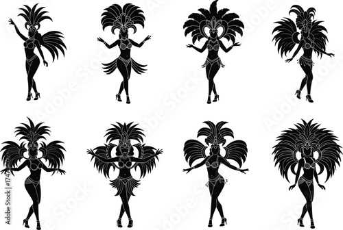 Carnival dancer silhouettes, feathered headdresses, festive costumes, Brazilian parade celebration, cultural dance vector, black silhouette illustration, vibrant movement, traditional festival art