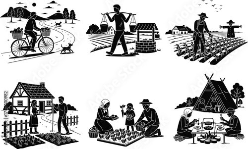 Rural lifestyle people working in garden farm field with family and nature elements, countryside agriculture and outdoor village life concept illustration