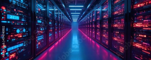 Futuristic Server Room Glowing Data Streams Visualize High-Speed Cloud Storage and Data Transfer in a Sleek, Secure Digital Infrastructure