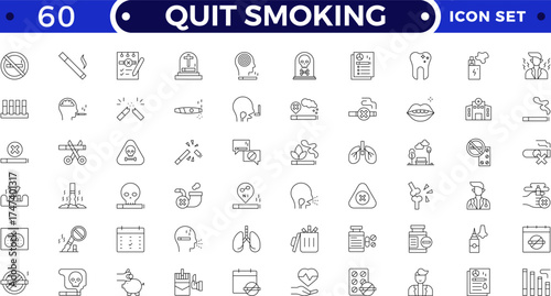 Quit Smoking outline icons. Includes stop, no smoking, tobacco, nicotine, addiction, danger, cancer, and health risk pictograms. Modern outline set for awareness, warning, and prohibition themes.