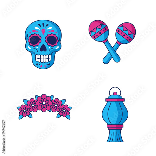Colorful sugar skulls and maracas for Dia de los Muertos Mexican celebration illustration
